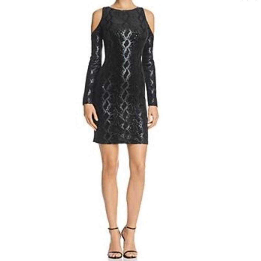 Aqua Cold Shoulder Reptile Black Dress (M/Medium)